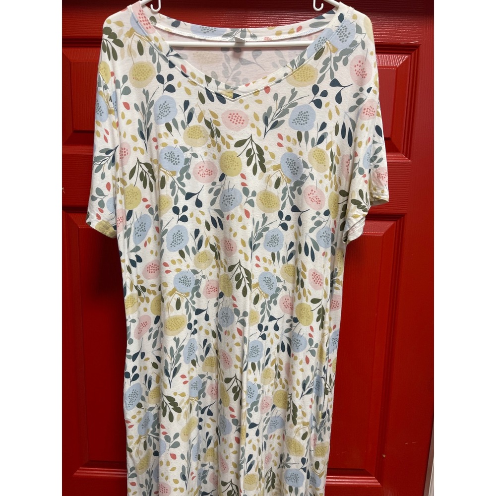 Floral V-Neck Nightgown Short Sleeve Lounge Dress White Yellow Blue 2XL